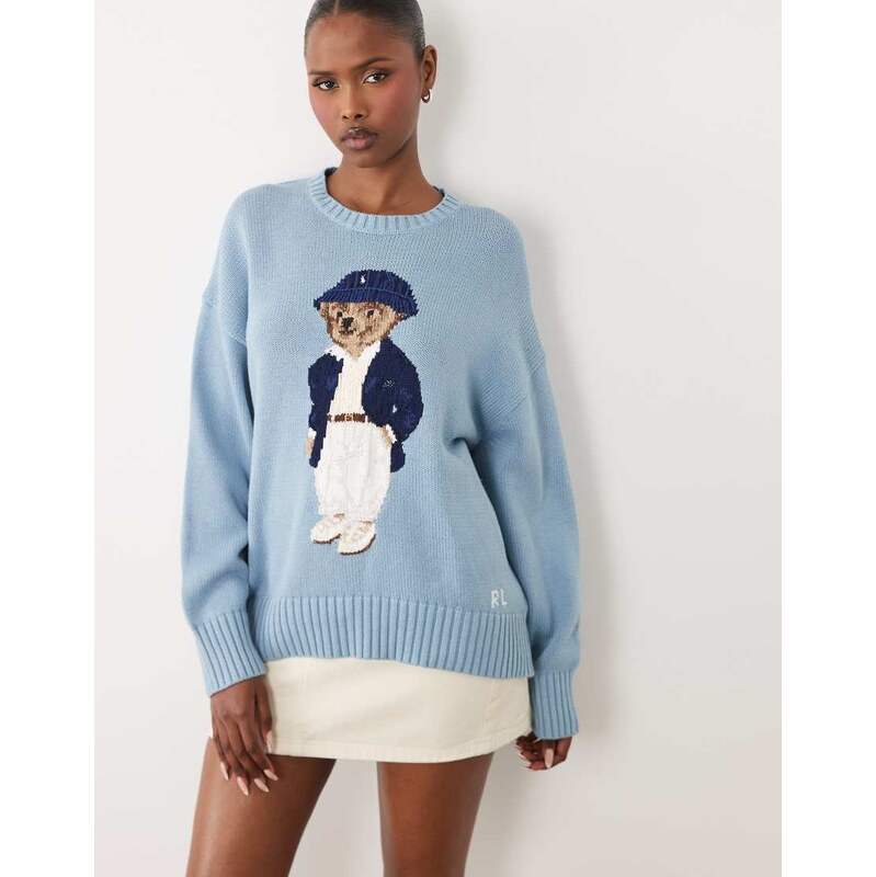 Polo Ralph Lauren knitted polo bear jumper in light blue