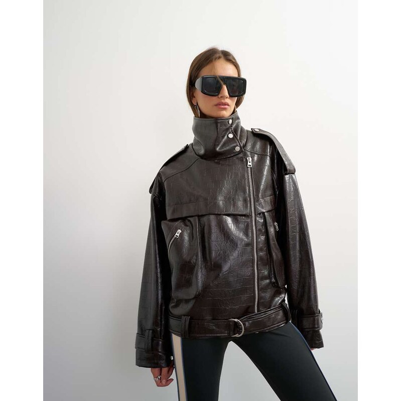 Topshop faux croc leather fold funnel biker in chocolate-Brown