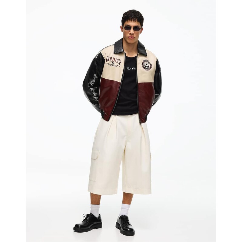Bershka Graphic leather effect jacket in black