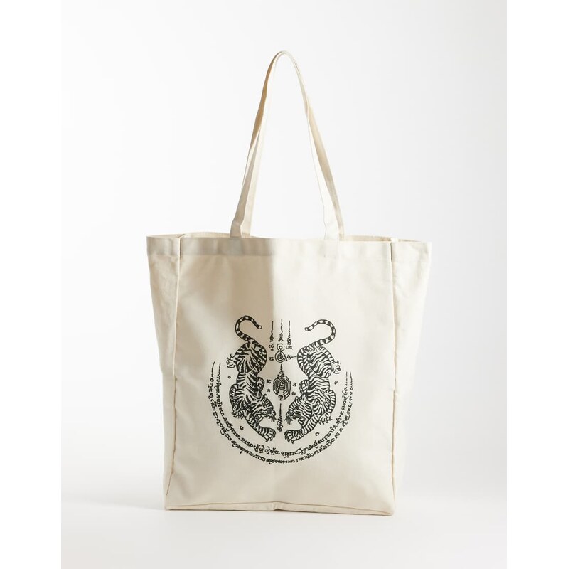 Jack & Jones canvas tote bag with tiger print in off white