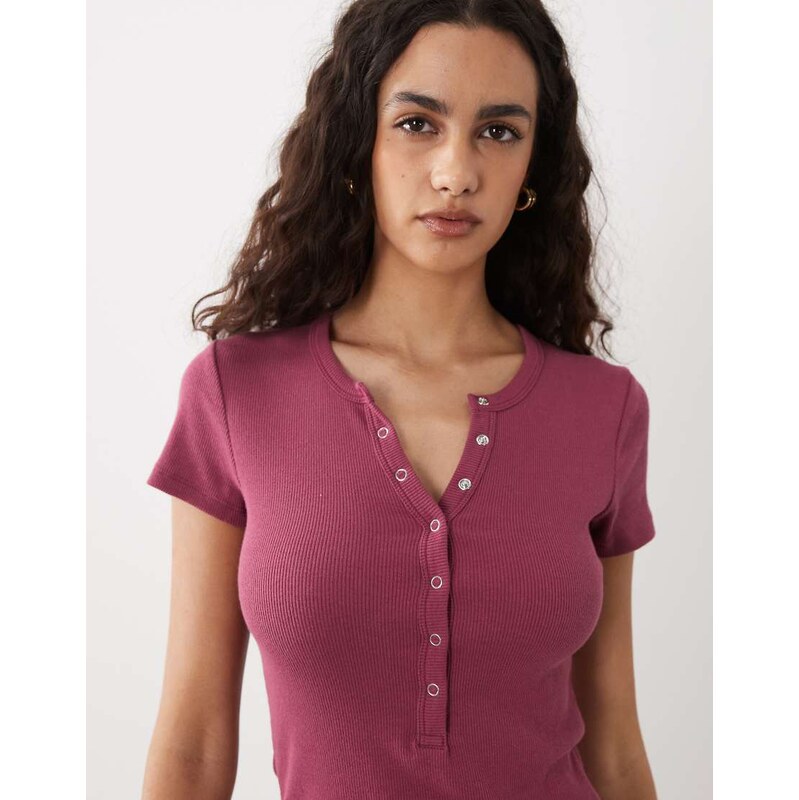 Cotton On blake short sleeve button down top in rich plum-Purple