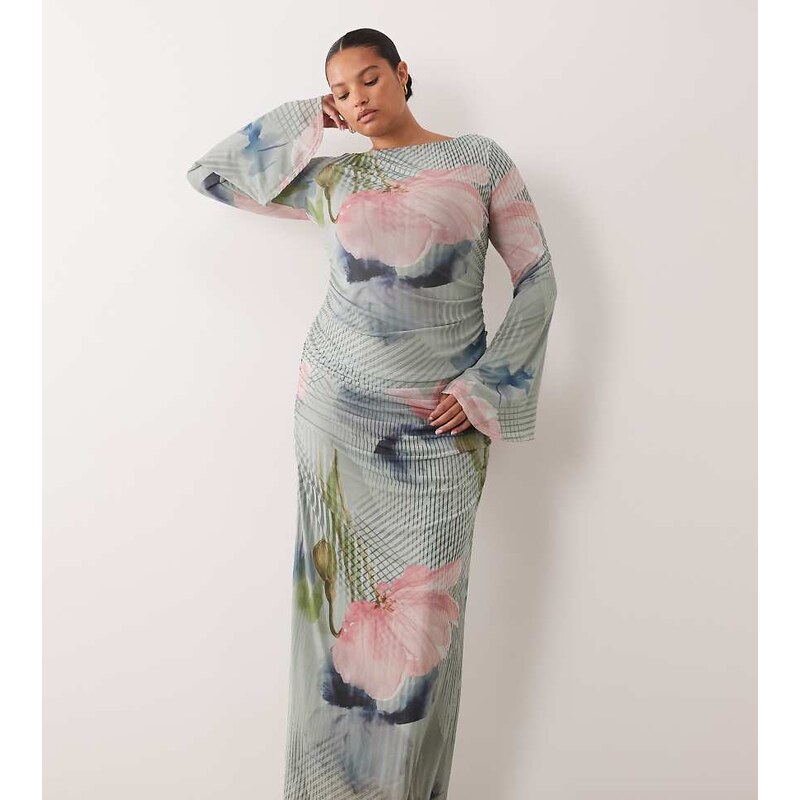 ASOS Curve ASOS DESIGN Curve mesh waterfall sleeve ruched maxi