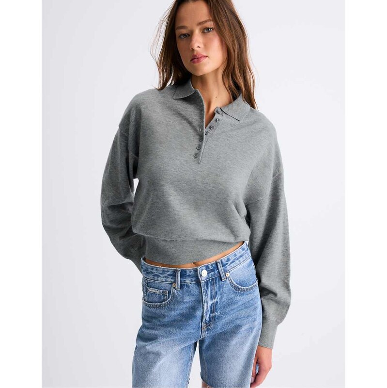 Stradivarius Polo collar knit sweater in grey melange