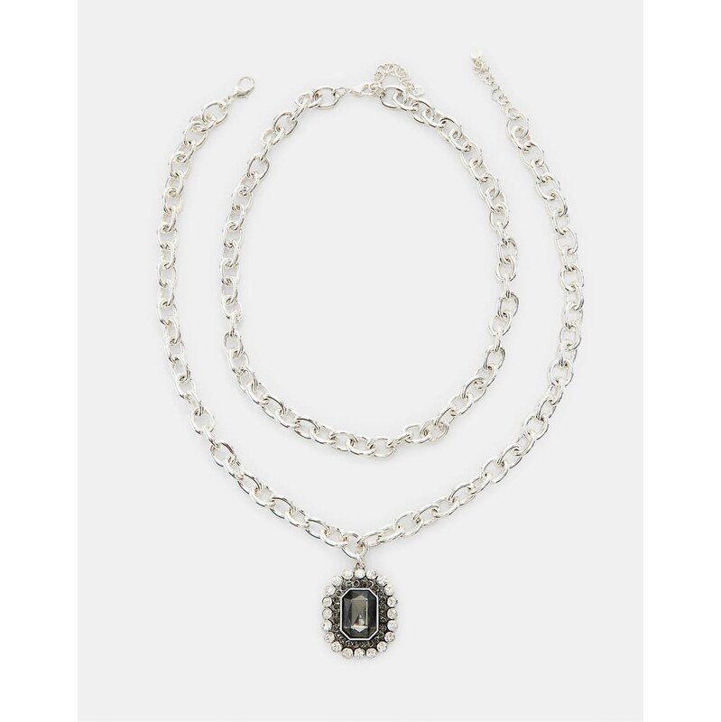 Stradivarius Set of 2 embellished chain necklaces in grey