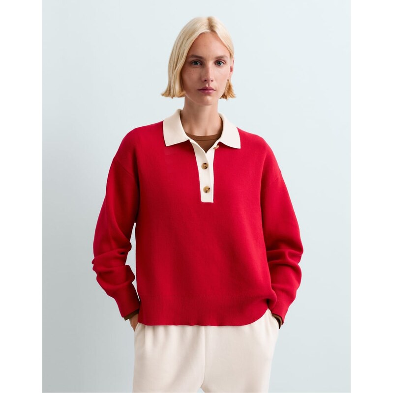 OYSHO Contrast knit polo jumper in red-Pink