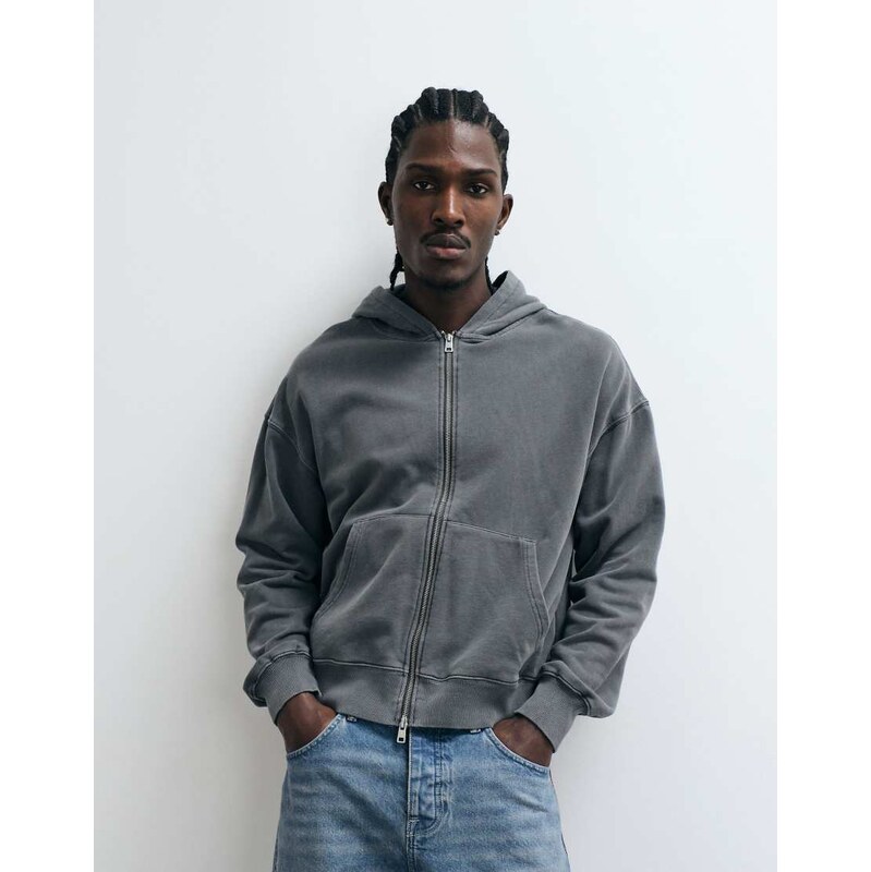 Cotton On boxy fit zip up hoodie in slate stone wash-Grey