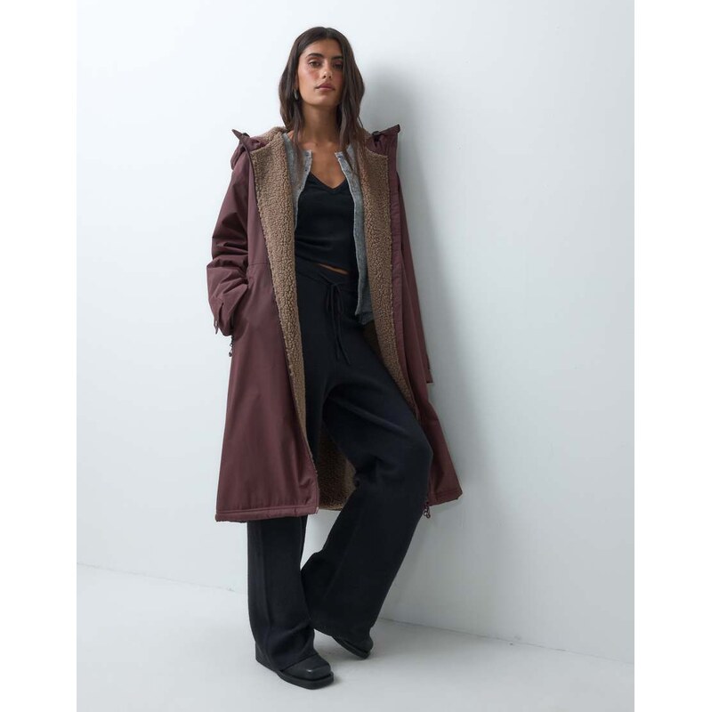ASOS DESIGN longline rain coat with borg liner in mushroom-Brown