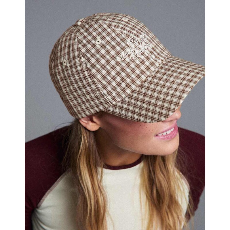 Bershka Checked embroidered cap in brown