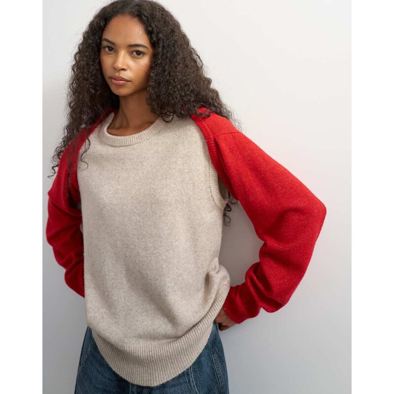 Topshop knitted detachable wrap scarf jumper in neutral and red