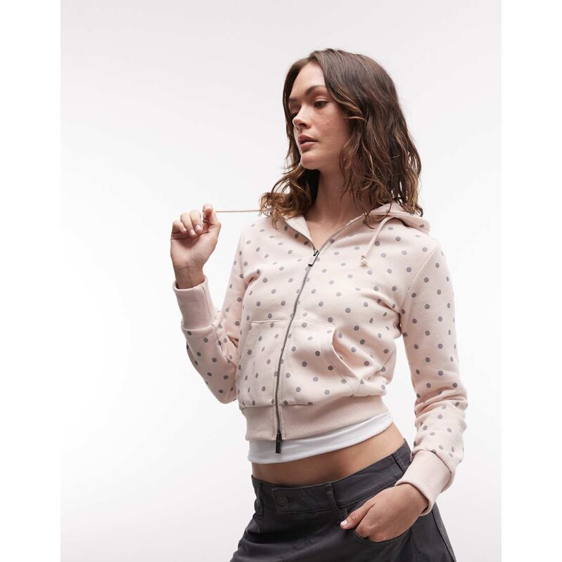 Daisy Street crop fit zip up hoodie in pink polka dot-Multi