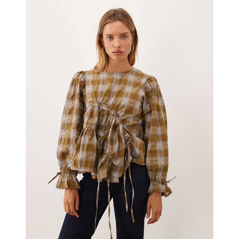 Ghospell Fern round neck long sleeve ruched asymmetric