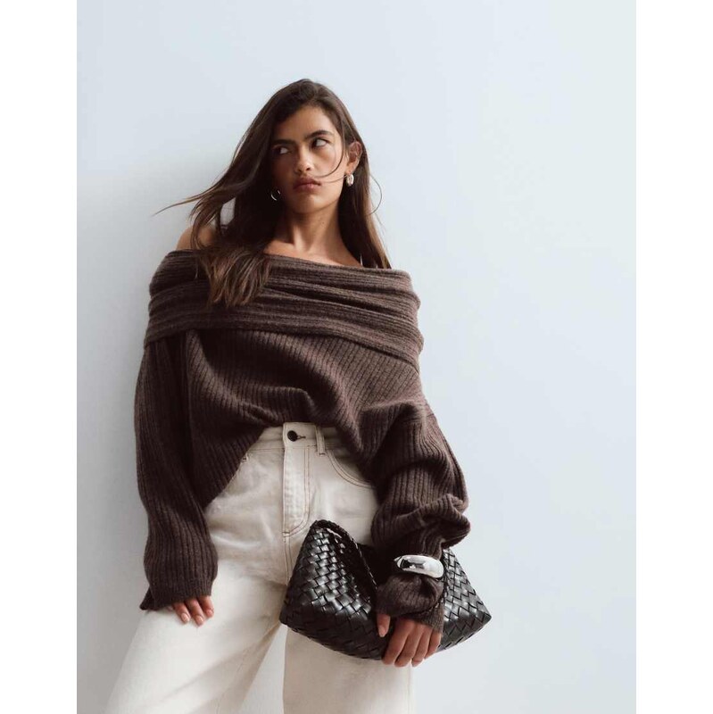 ARRANGE chunky rib knitted off shoulder jumper in brown