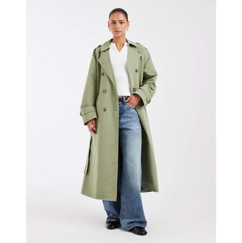 Vero Moda longline belted trench coat in oil green