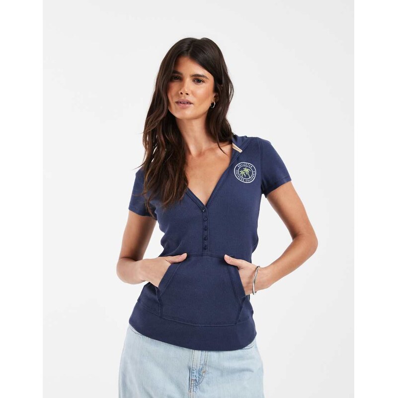 Hollister short sleeve hooded henley top in navy