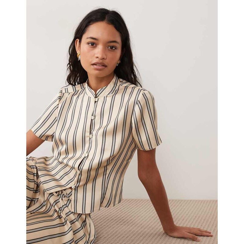 ASOS DESIGN satin mandarin style top in multi stripe co-ord