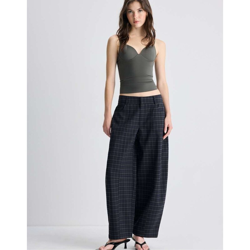 Stradivarius Check barrel dress trousers in navy blue