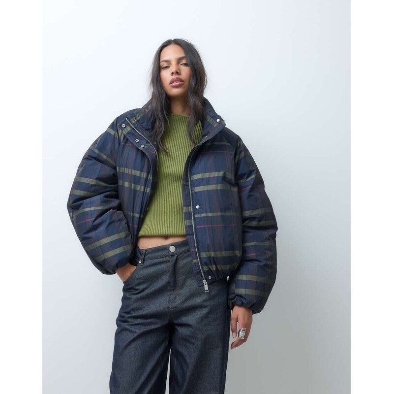 ASOS DESIGN short funnel neck padded jacket in dark check-Black