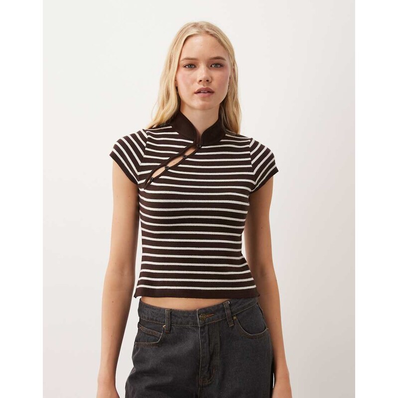Miss Selfridge knitted mandarin collar top in choc stripe-Brown