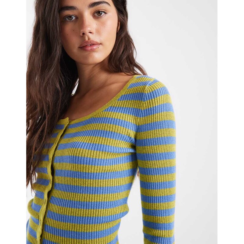 ASOS DESIGN knitted ruffle detail cardigan in green and blue
