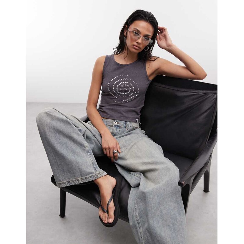 Daisy Street studded graphic vest top in charcoal-Grey