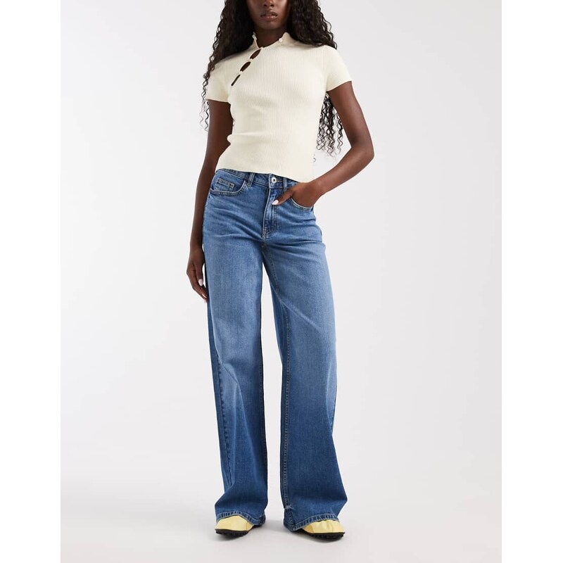 Noisy May Kenzie mid rise wide leg jeans in mid blue denim