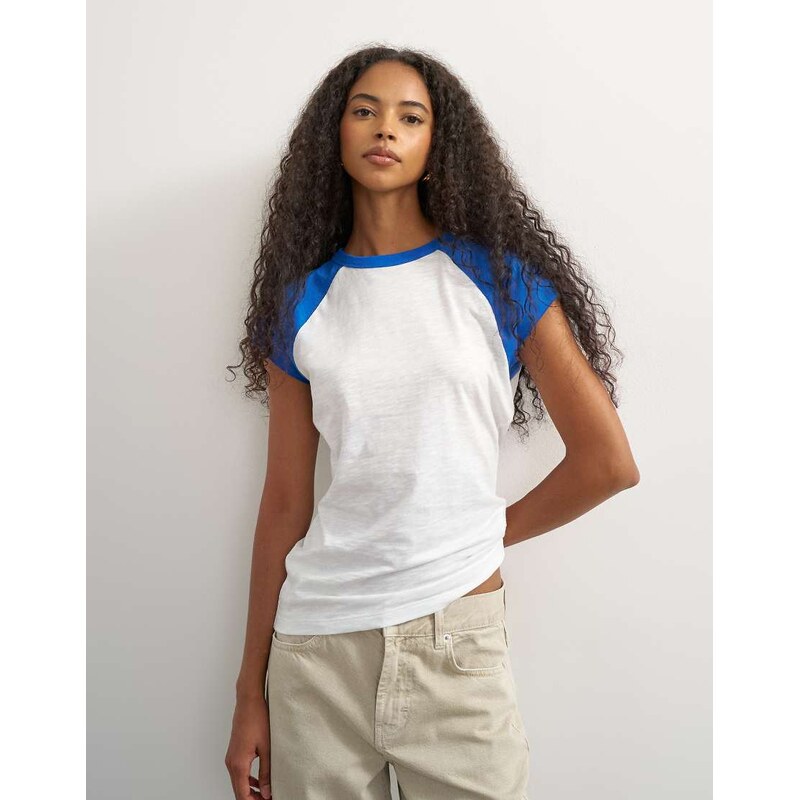 Topshop colour block raglan t-shirt in blue-White