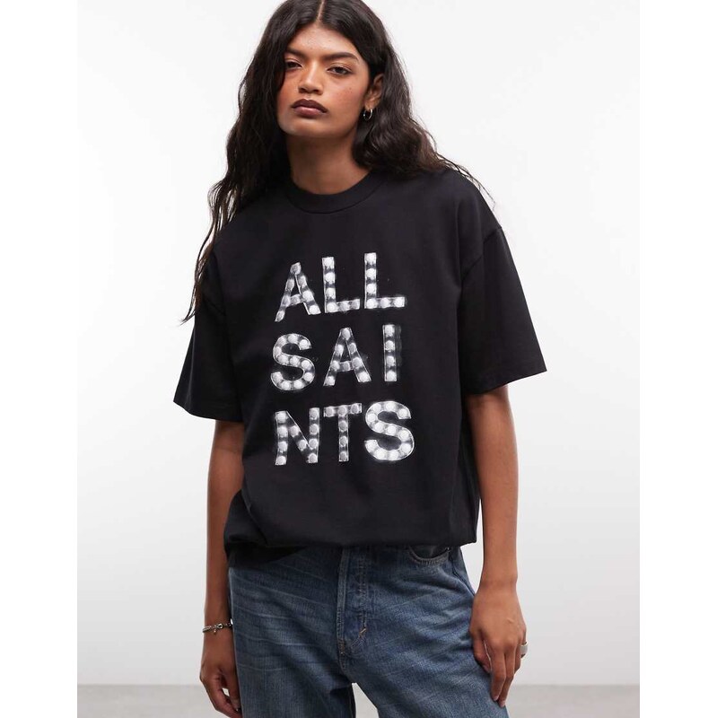 AllSaints Neon Etta graphic logo t-shirt in black