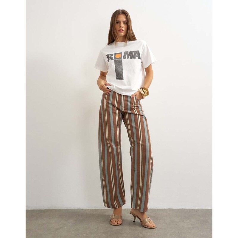 Topshop Barrel mid rise jean in brown and blue stripe-Multi