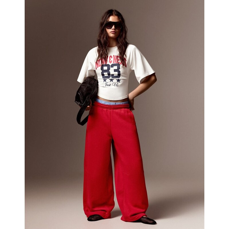 Bershka Plush parachute trousers in red