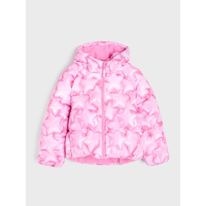 Sinsay - Puffer bunda s kapucí a lesklým motivem hvězd - růžová