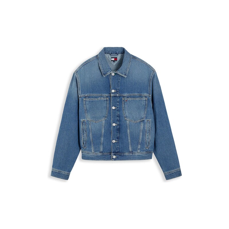 Tommy Jeans Přechodná bunda modrá džínovina / červená / bílá