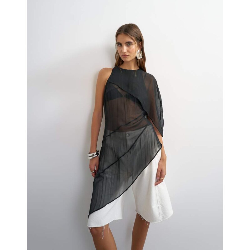 Topshop one shoulder cape detail tunic in black