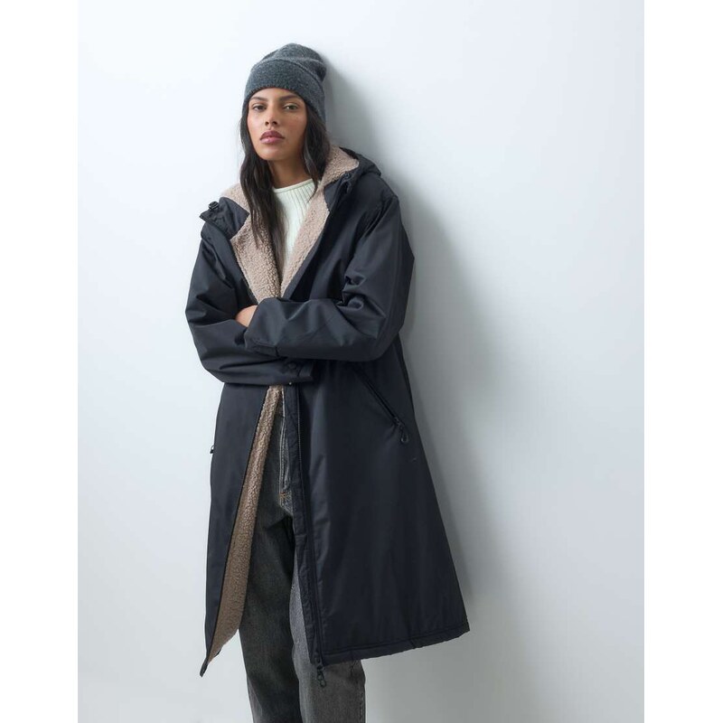 ASOS DESIGN longline rain coat with borg liner in black