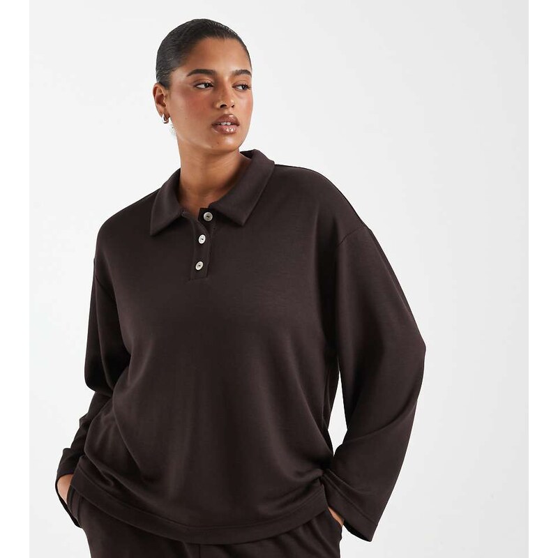 Vero Moda Curve super soft polo sweat top co-ord in chocolate
