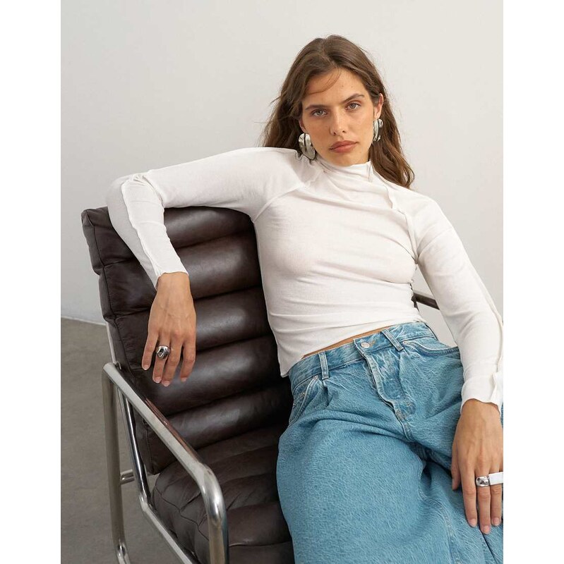 Topshop X Cara seamed long sleeve T-shirt in ecru-White