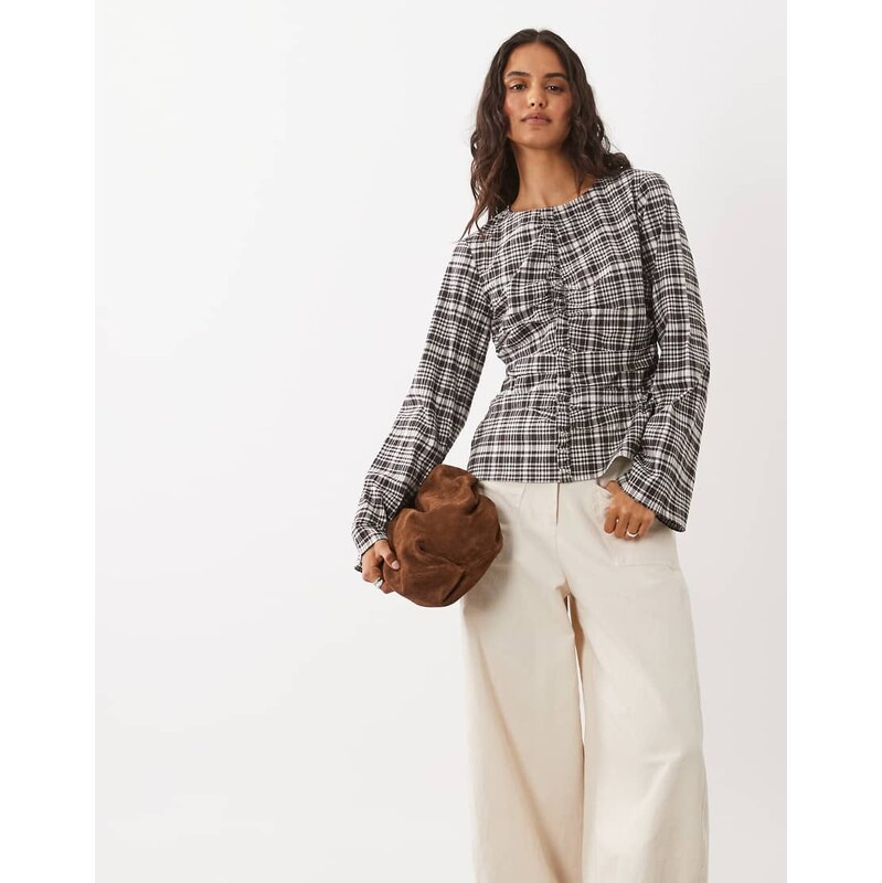 AWARE ruched detail blouse in chocolate check-Brown