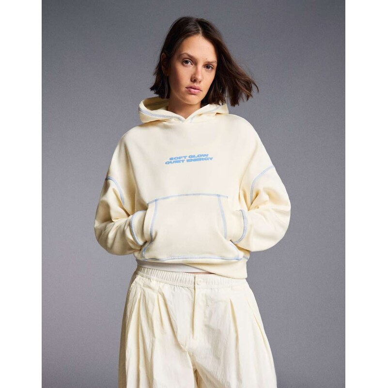Bershka Hooded print sweatshirt in ecru-White