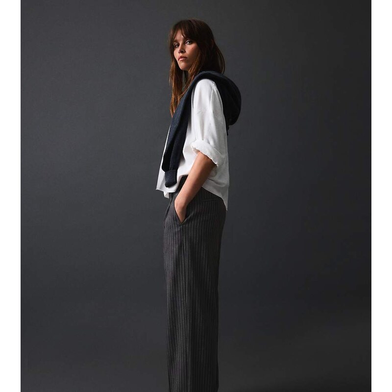 Bershka Petite double-fabric darted trousers in grey