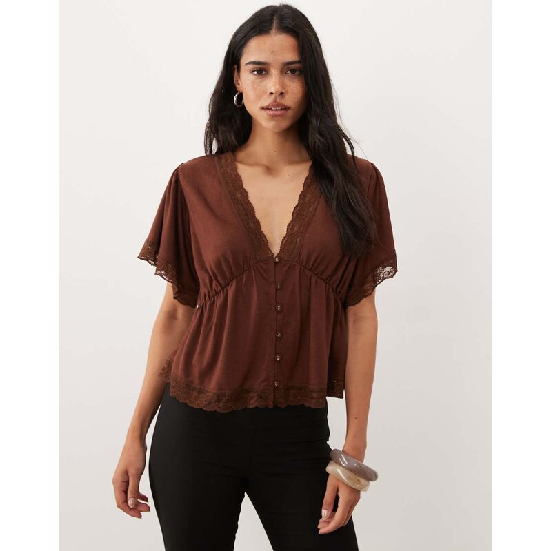 Miss Selfridge button through tea top with lace trim in