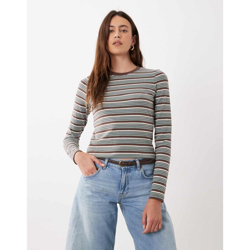 Brave Soul long sleeve fitted jersey top in brown stripe