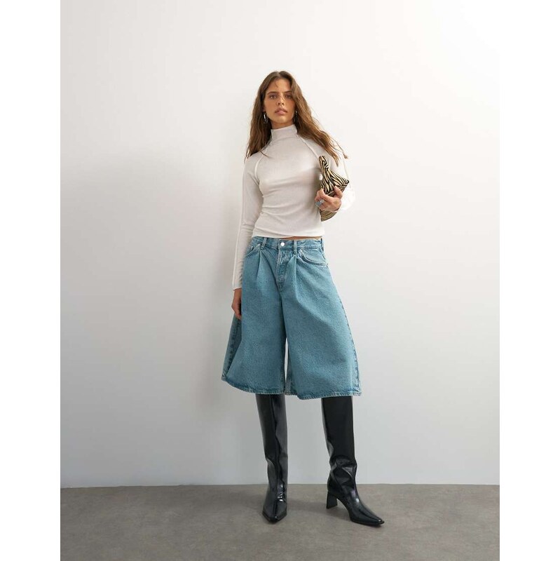 Topshop X Cara denim ultra-wide pleated culotte in light green