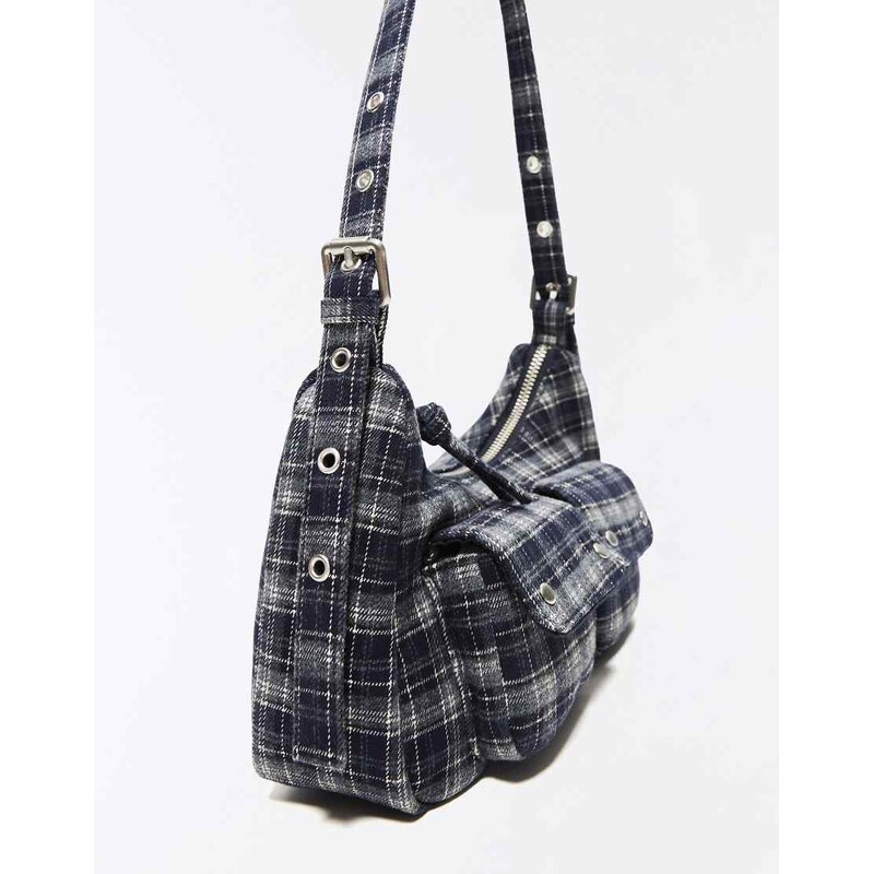 Bershka Multi-pocket checked bag in blue-Navy