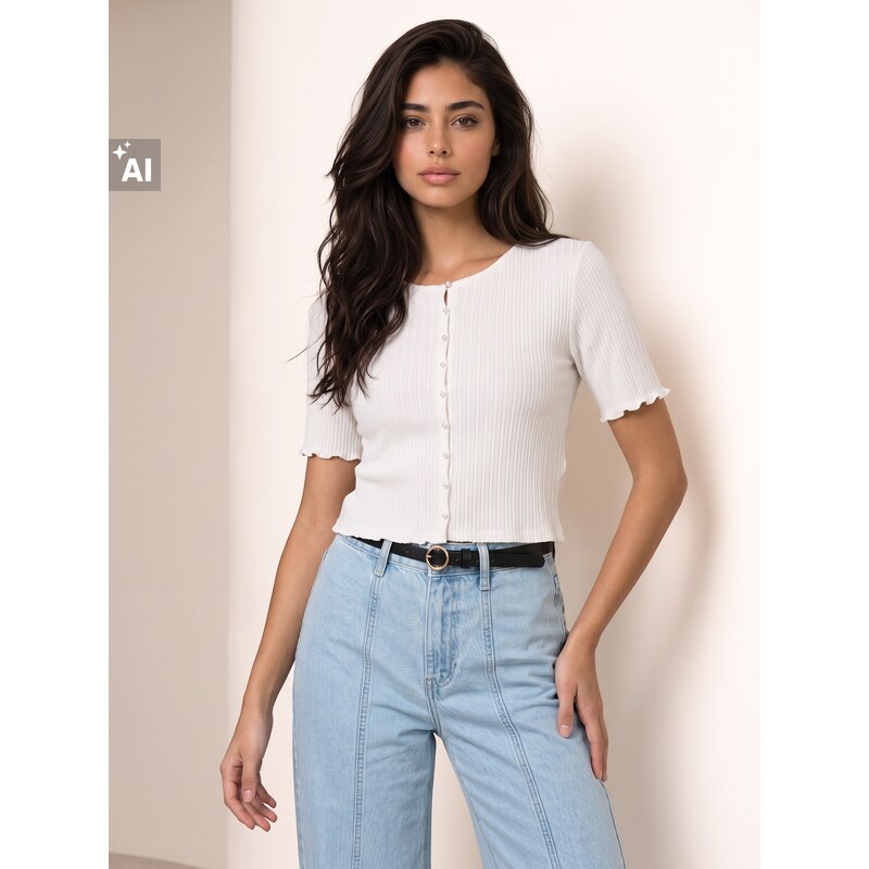 Sinsay - Žebrovaná halenka s perlovými knoflíky s viskózou -