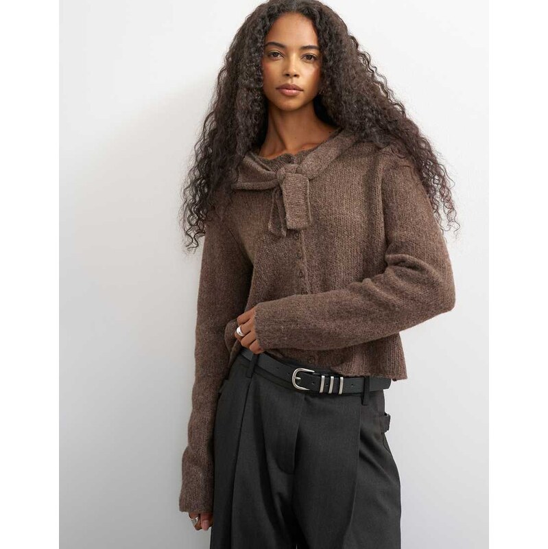 Topshop knitted scarf cardigan with wool in pecan-Brown