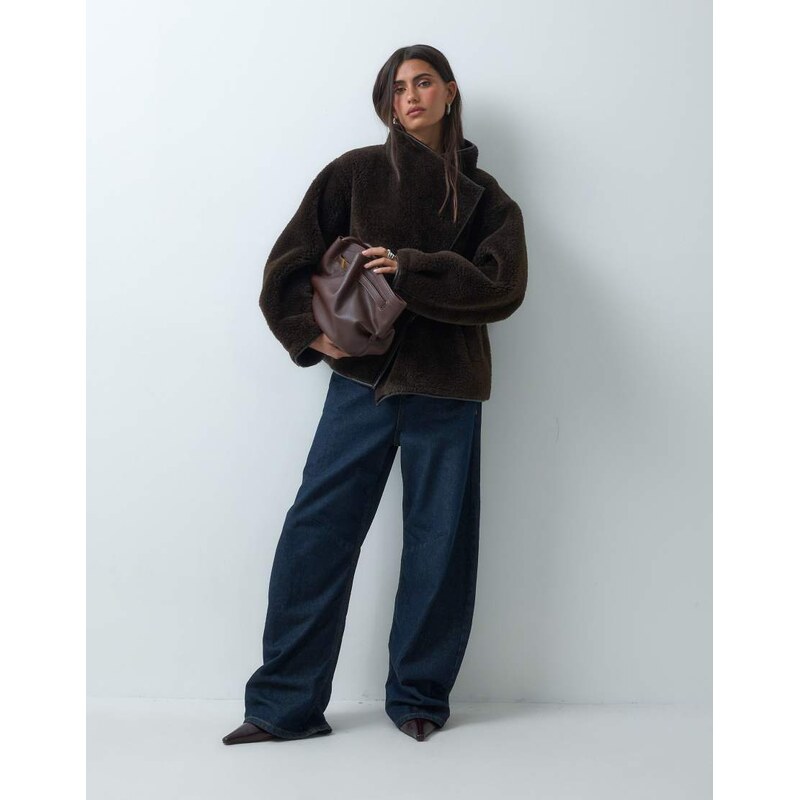 ASOS DESIGN asym funnel neck short borg jacket in chocolate