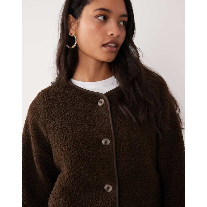 Vila button front teddy jacket in chocolate brown