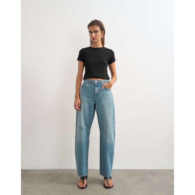 Topshop Barrel mid rise jean in green cast-Blue