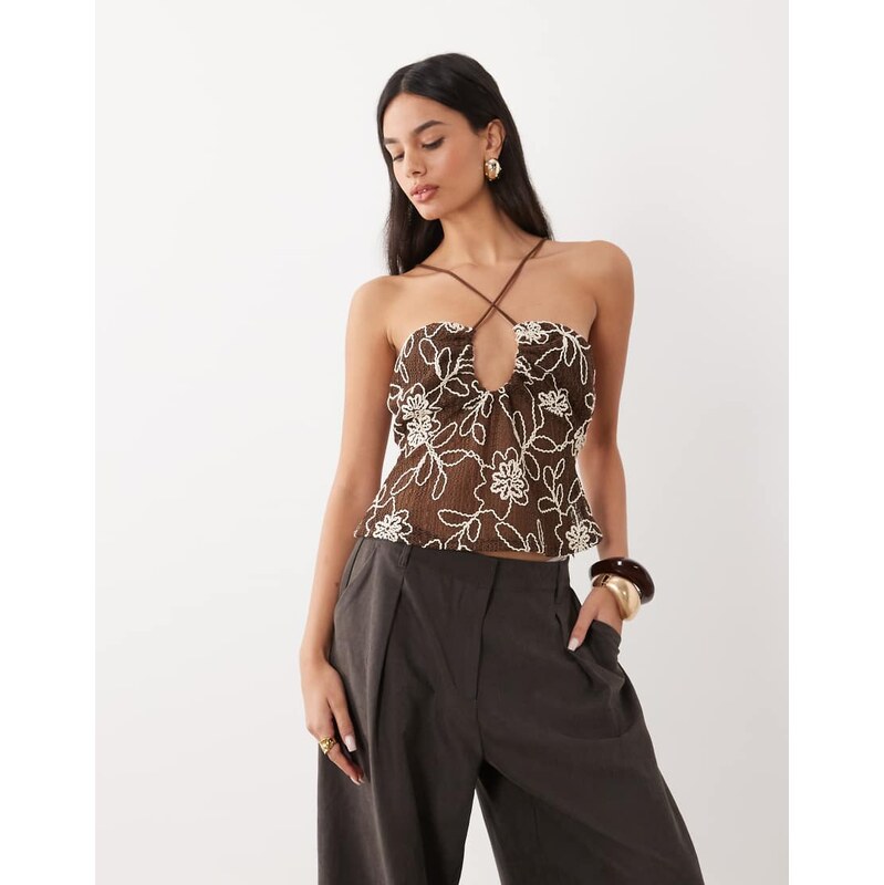 ASOS DESIGN embroidered crochet halter top in brown