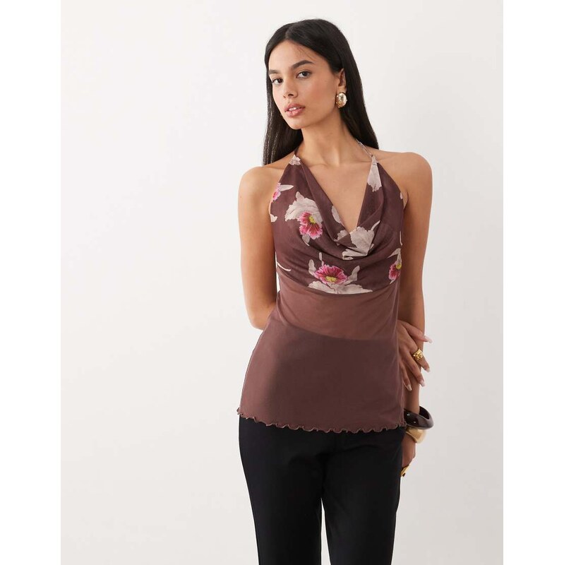 ASOS DESIGN co-ord cowl draped printed layered mesh top in brown
