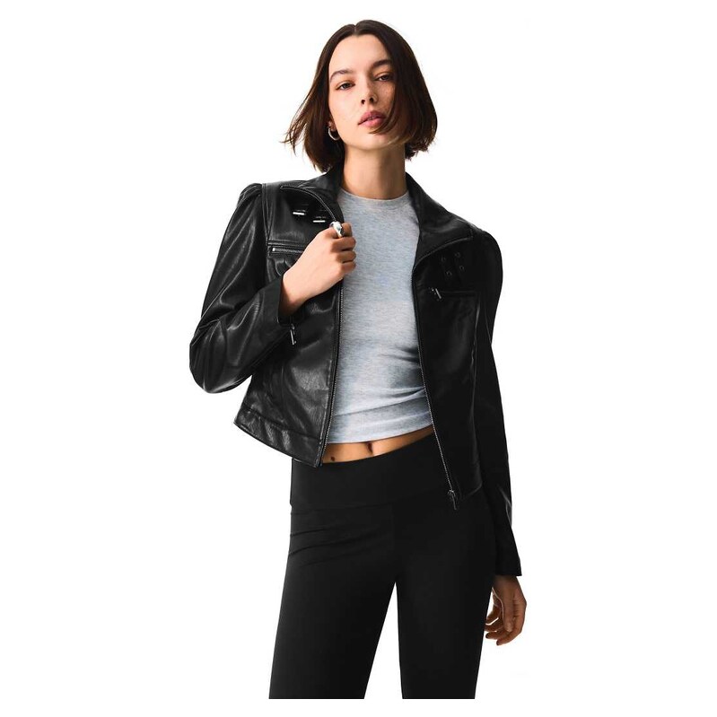 Bershka Leather effect jacket with buckles in black